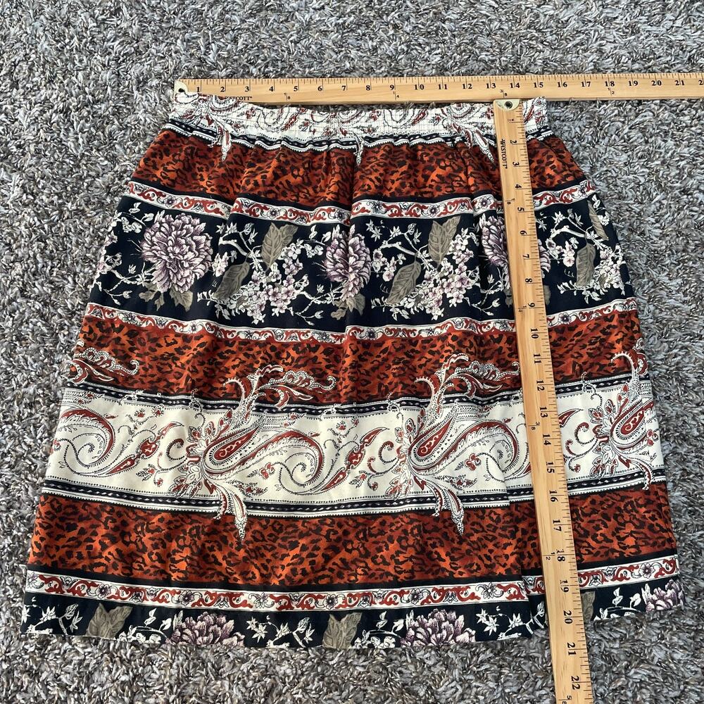 Vintage Mini Skirt Size 14 Black Brown Mix Print Cheetah Floral Boho Pull On 90s - Picture 16 of 16